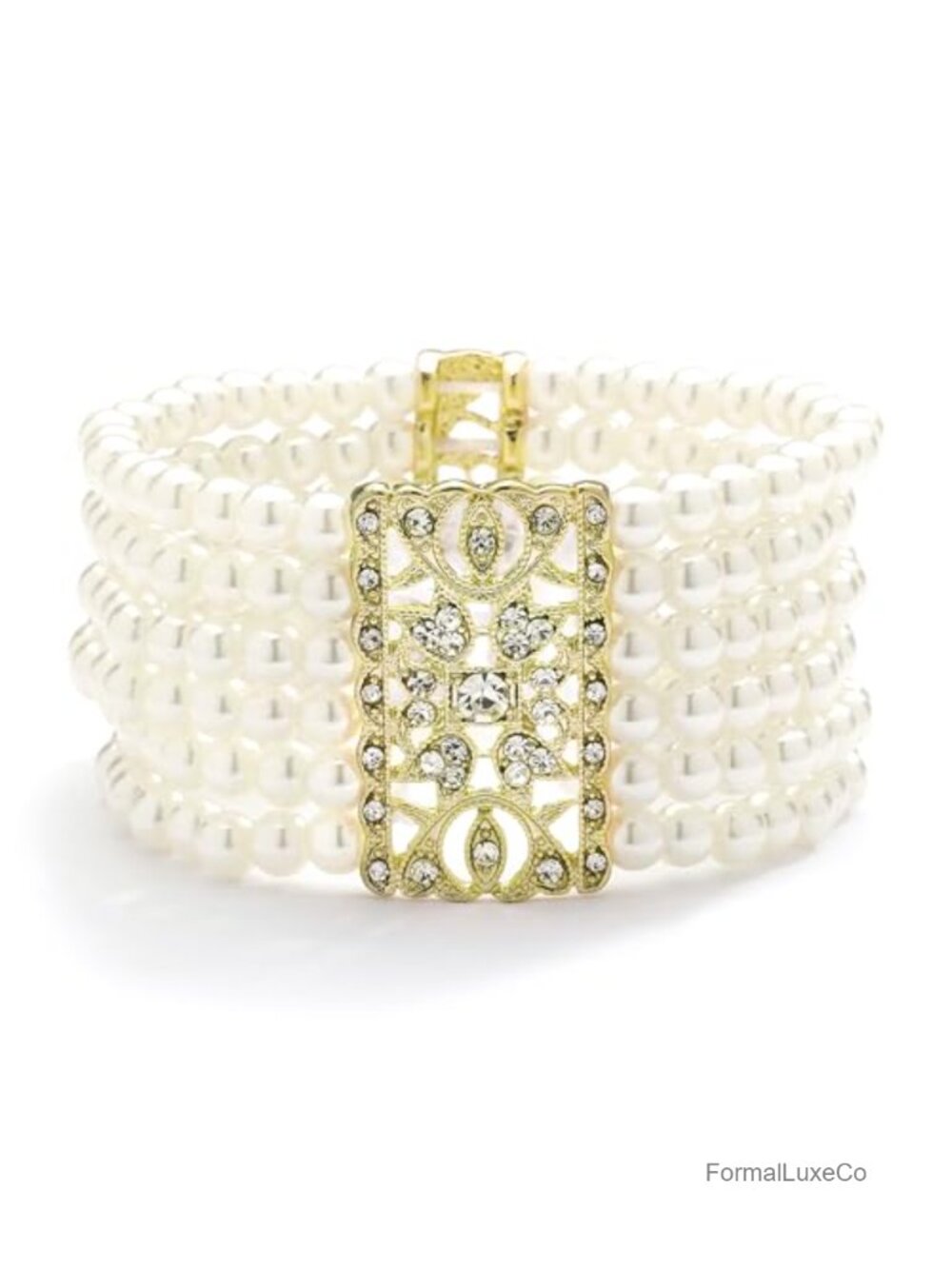 Gold Plated Ivory Pearl Crystal Stretch Cuff Bracelet, 6"-7" Vintage Wedding